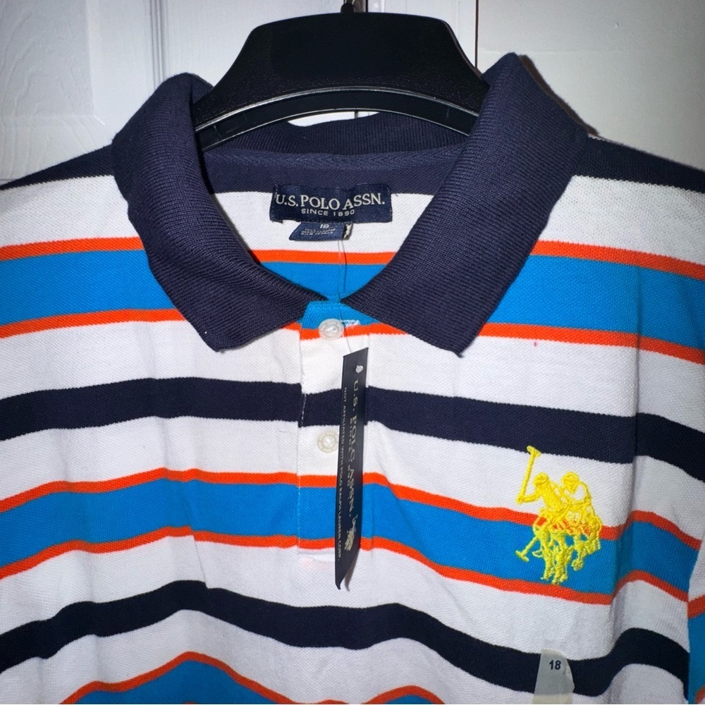 U.S. Polo Assn. Boy's XL 18/20 NWT Striped Polo Shirt Orange Blue White Logo - Picture 2 of 9